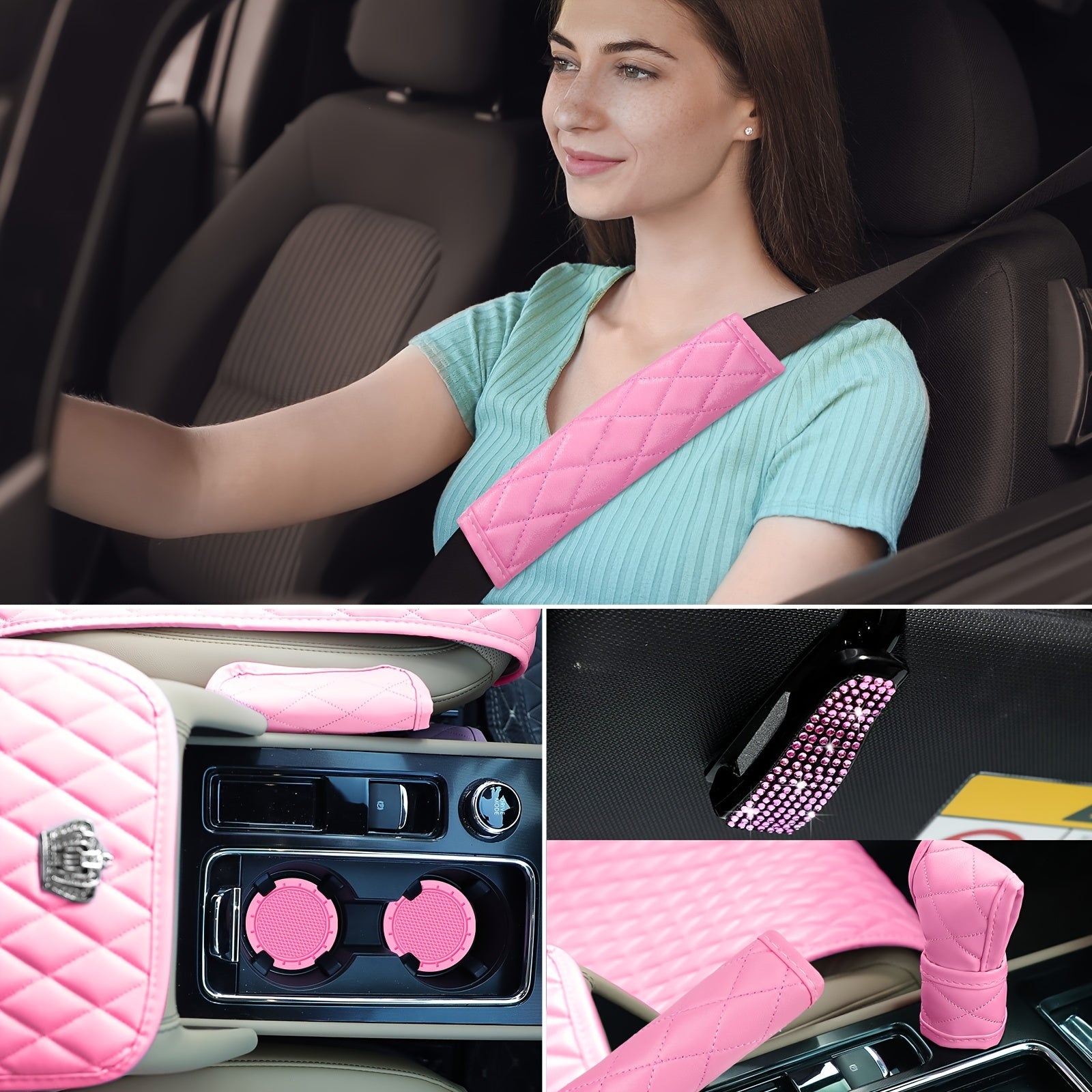 Pink Car Accessories Set Full Set Seat Cover Set Steering Wheel Center Console Handbrake Seat Belt Cover Bling Car Interior Sets Phone Glasses Holder Adapter Car License Frames For Women, 38 Pcs